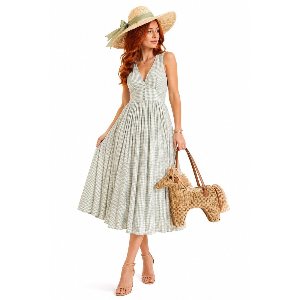 Kentucky Derby Lulus Green Gingham Midi Dress Size Small Cottage-core Prairie